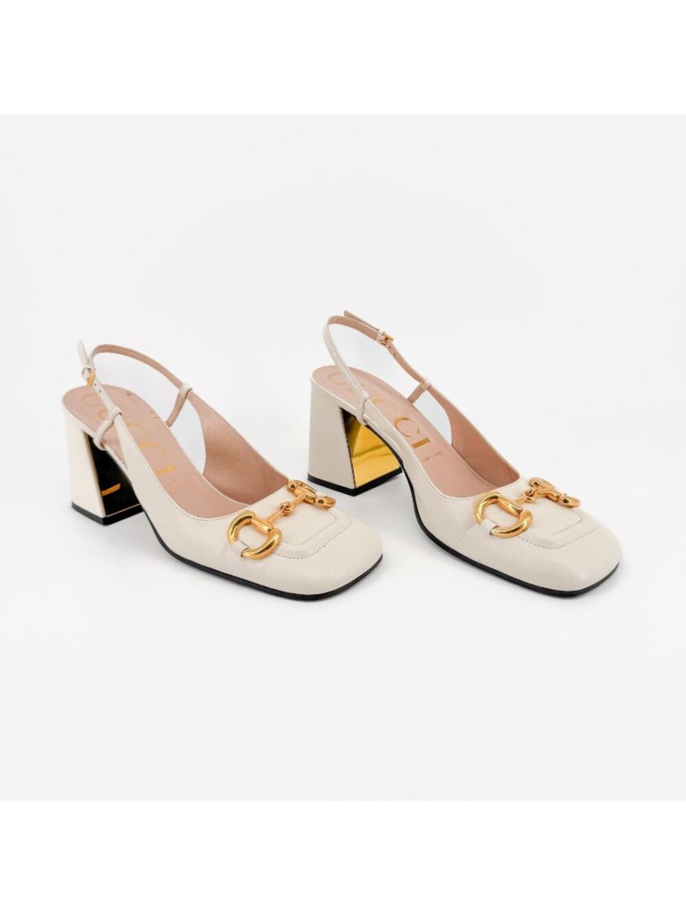 Gucci Baby Horsebit Slingback Pumps Size 39.5 US 9.5 White Block Heel Square Toe